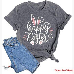 Happy Easter Bunny Rabbit Graphic T-Shirt Short Sleeve Slim Fit